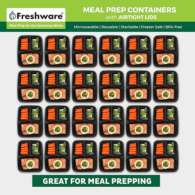 Freshware Bento Box Meal Prep Containers, 3-Compartment, 32 ounce, 15-Pack