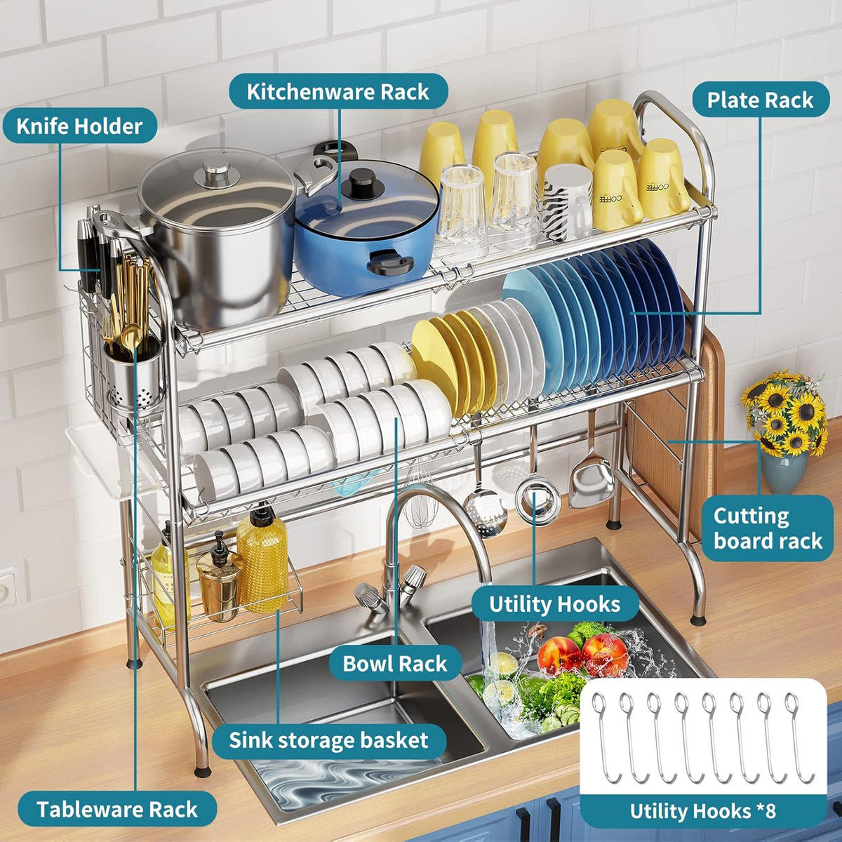 HOWDIA Stainless Steel 2-Tier Over The Sink Dish Drying Rack with Utensil Holder, Large, for Kitchen Counter