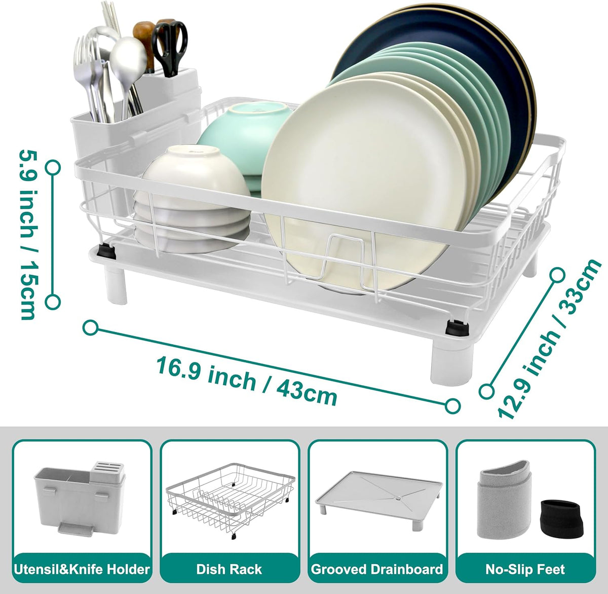 Dish Drying Rack for Kitchen Counter,Space-Saving Dish Rack with Drainboard,Rustproof Countertop Dish Drainer with Utensil Holder for Sink,White