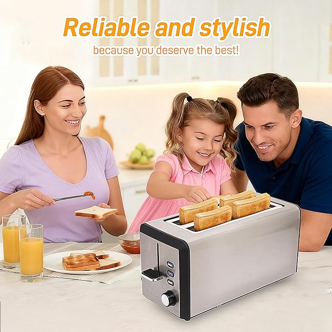 4 Slice Long Slot Stainless Steel Toaster with Extra Wide 1.5” Slots, 6 Shade Browning Settings, Defrost Reheat Cancel Functions, Even Toasting for Artisan & Sourdough Bread, Removable Crumb Tray