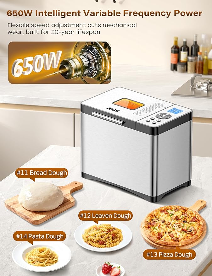 KBS 19-in-1 Programmable Bread Maker, 2LB Bread Machine with Healthy Ceramic Pan, Stainless Steel Bread Maker Machine with 15H Timer& 1H Keep Warm, Sourdough, Gluten Free, 3 Crust Colors, 53 Recipes