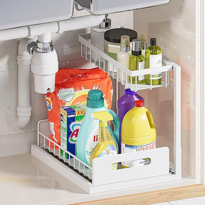 VUSIGN Under Sink Organizer and Storage, Slide Out Cabinet Organizer, Pull Out Sink Shelf for Kitchen Bathroom Laundry, White, 1 Pack