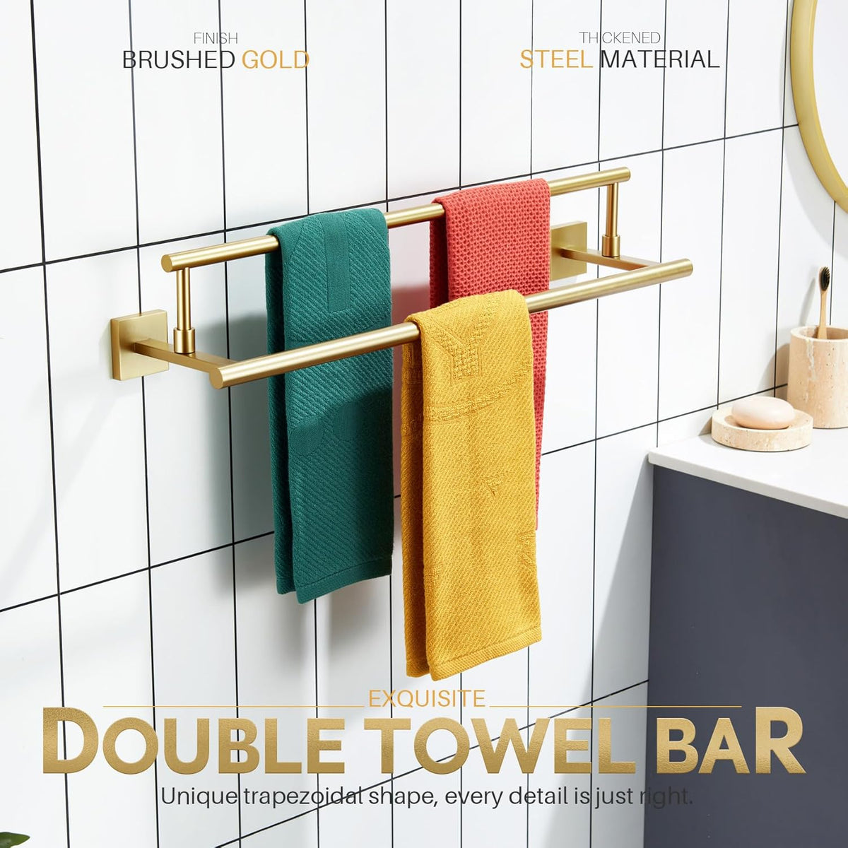 KOKOSIRI 24-Inch Towel Bars Double Bath Towel Rails Bathroom Holder Racks for Cabinet Kitchen Brushed Gold Stainless Steel B5009BG-L24