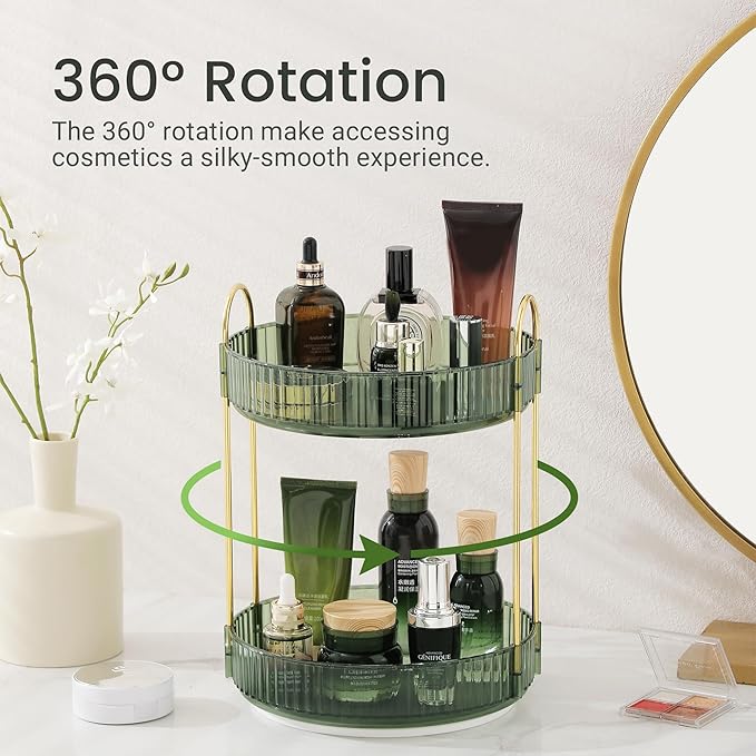 Rotating Makeup Organizer for Vanity, Perfume Skincare Lipstick Organizers for Bathroom Countertop, Clear Make up Storage for Dresser, Bathroom Cosmetics Organizer Storage 360 Spinning(2 Tier, Green)