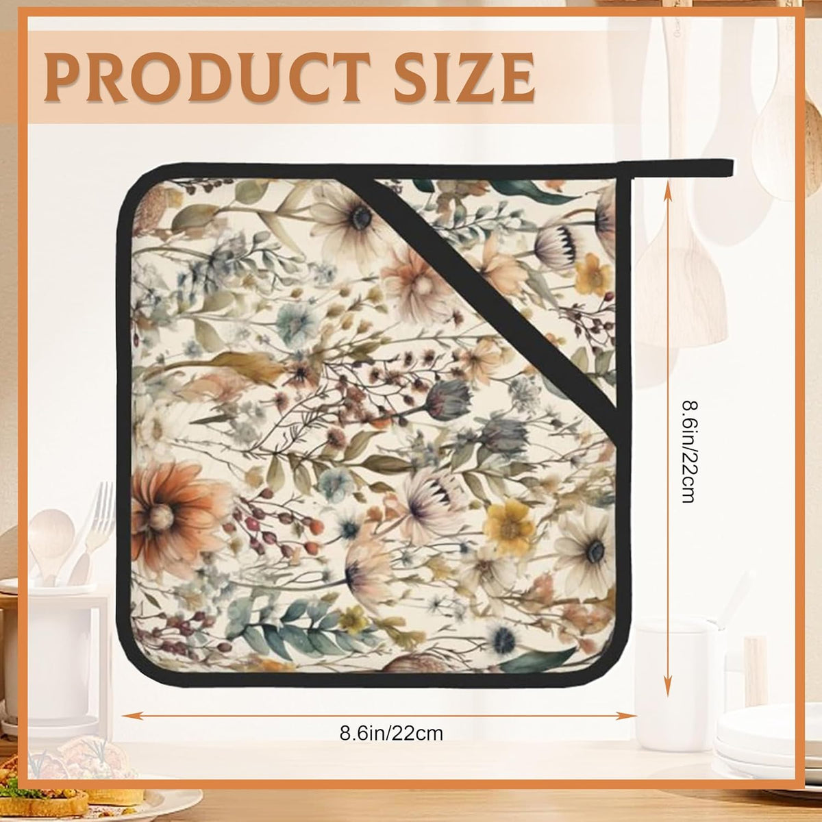 2PCS Boho Watercolor Floral Pot Holder with Loop,Heat Resistant Oven Pads,Hot Pat for Kitchen Cooking Baking Food