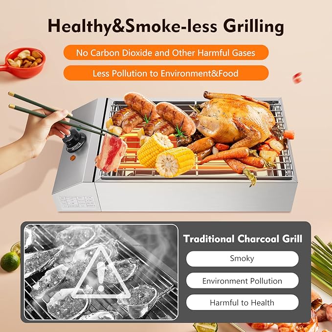 1800W Countertop Electric Griddle Flat Top Grill - Portable Barbecue, Smokeless Indoor, Non-Stick Cooking, Removable Plate BBQ With Temperature Control 110V