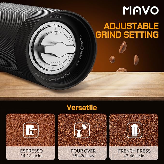 MAVO Manual Coffee Grinder, Wizard Hand Coffee Grinder, Capacity 25g with CNC Stainless Steel Pentagon Conical Burr, Adjustable Setting, Burr Coffee Bean Grinder for French Press, Pour Over, Silver