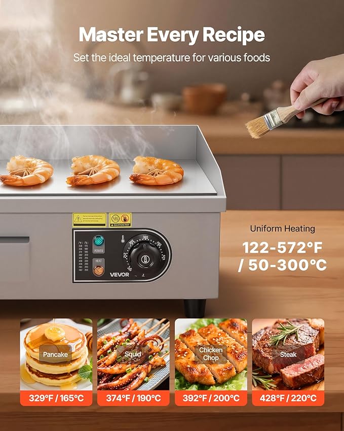 VEVOR Commercial Electric Griddle, 17.72 x 11.81 inch, 1750W, 122-570°F Adjustable Temp Control, Stainless Steel Countertop Flat Top Grill with 2 Spatulas, 2 Brushes, and 4 Foot Pads, for Steak