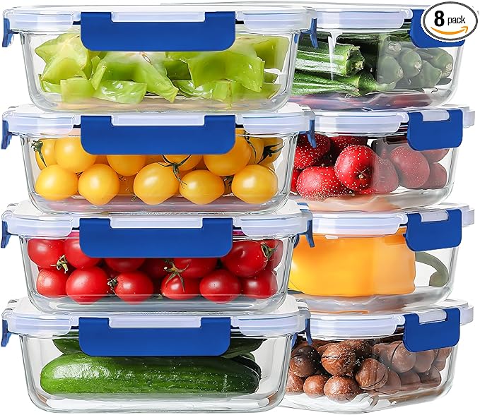 8 Pack 36oz Large Glass Meal Prep Containers with lids, Glass Food Storage Containers with Leak Proof Snap Lock Lids , Airtight Bento lunch Boxes, Kitchen Storage, Oven and Dishwasher Safe-Deep Blue