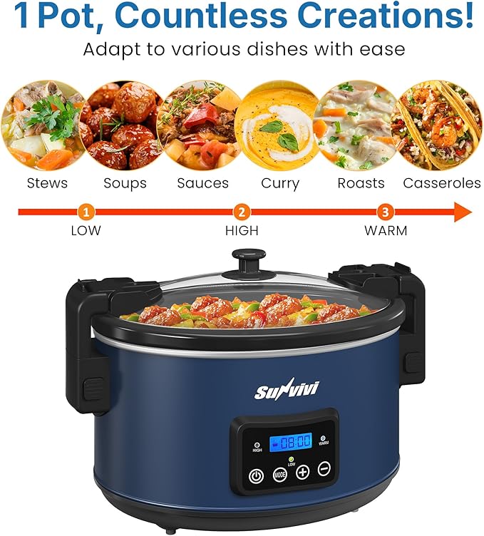 Programmable Slow Cooker with Locking Lid, Portable Multi-Cooker for Family and Gatherings, 8.5 QT Food Warmer with Adjustable Temp, Warmer with Digital Timer, Dishwasher-Safe, Blue