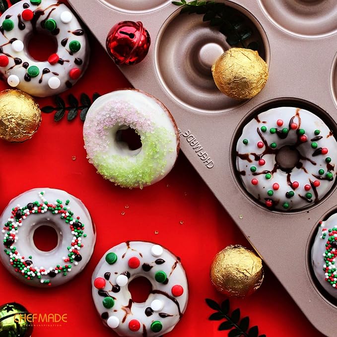 CHEFMADE Donut Mold Cake Pan, 12-Cavity Non-Stick Ring Doughnut Bakeware for Oven Baking (Champagne Gold)