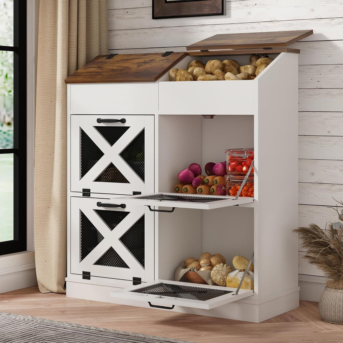Large Wood Bread Box for Potato,Onion.Veggie Bin W/6 Large Storage Box.Root Vegetable Storage Box For Kitchen,Farmhouse Potato Storage Bin W/4 Mesh Doors,Bread Keeper for Toast,Bagel,Donut,Cookies