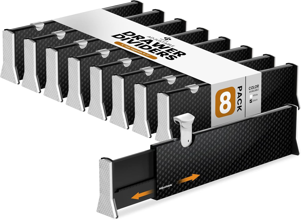 RAPTUROUS Adjustable Drawer Dividers 8 Pack, 4” High, 11-17” Long, Dresser Drawer Organizer for Bedroom, Closet, Kitchen, Nursery, Office, Strong Hold, Soft Foam Edges, Black