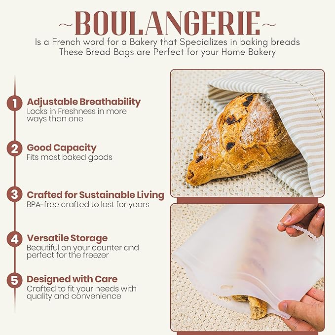 Bread Bags for Homemade Bread, Sourdough & Gluten Free Bread with Multifunctional Reusable Silicone Inserts. Silicone Kneading Dough Bag, Pizza Dough, Tortilla & Pasta Storage Bags - (16x11inch)