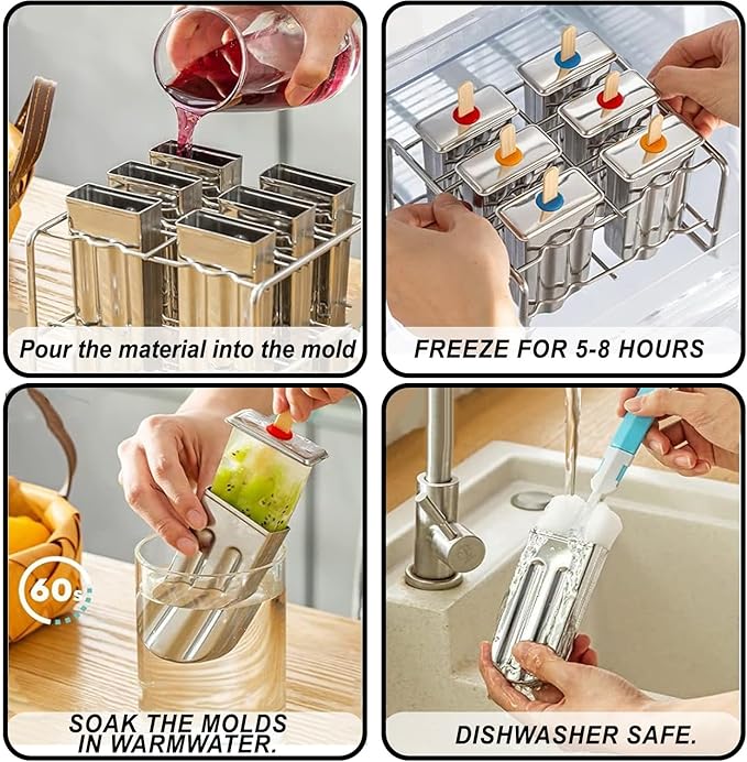 Set of 6 Stainless Steel Popsicle Molds Kit, Metal Popsicle Moulds,Homemade Ice Treat Makerwith 50 Wooden Sticks and 6 Silicone Seals and 20 Pop Bags,Cleaning Brush(Round)