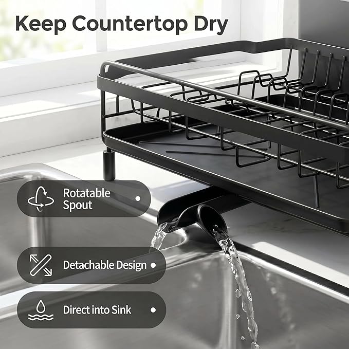 Large Extendable Dish Drying Rack with Bamboo Knife Holder, Rustproof Dish Drainer for Kitchen Counter, Adjustable 19"-27", Black