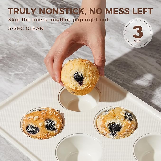 HONGBAKE 2 Pack Nonstick Ceramic Muffin Pan, 6 Cup Muffin tin for Baking, Non-toxic Cupcake Pan, Heavy-duty Aluminized Steel Cupcake Tray with Diamond Texture, Easy To Clean (Cream, 2PCS)