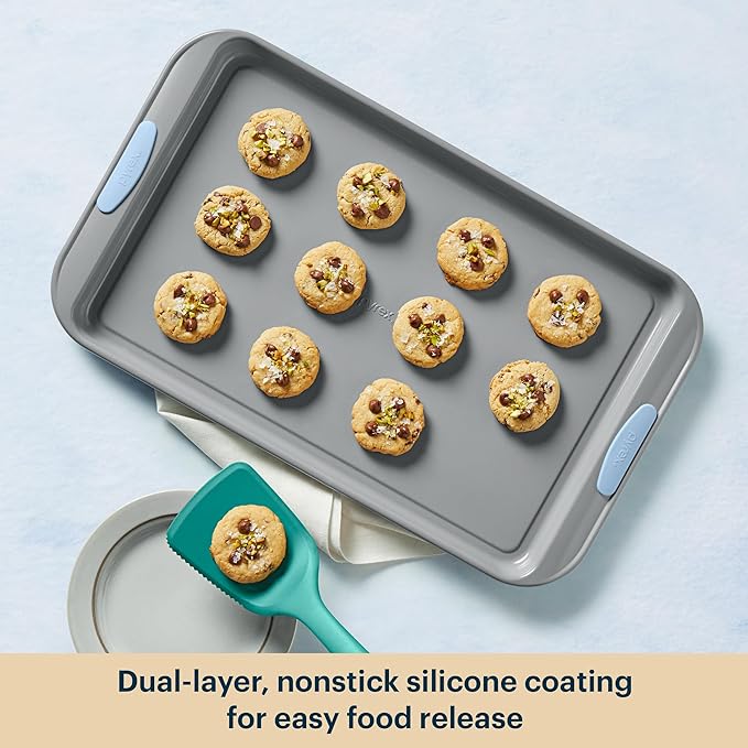 Pyrex (3-Piece) Metal Cookie & Muffin Sheet Bakeware Set, Lightweight Stainless Steel Baking Trays with Heatsafe Silicone Handles, Cookie Muffin Sheet Baking Pan, Cerulean