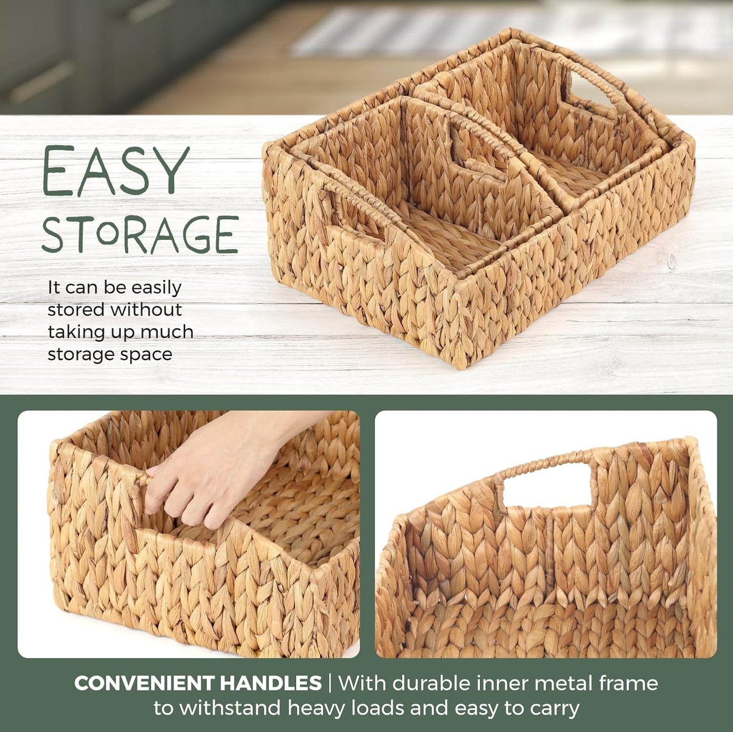 Set of 3 Handwoven Water Hyacinth Storage Baskets – Decorative Natural Wicker Organizer Bins with Built-in Handles for Bathroom, Kitchen, Pantry, Nursery, Closet, Laundry, Living Room, and Home Use