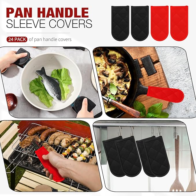 Dandat 24 Set Hot Handle Covers for Daily Replace Use Gift Pan Handle Sleeve Covers Heat Resistant Cast Iron Holder Sleeve Washable Handgrip Mitts for Christmas Kitchen Gifts Craft (Black Red)