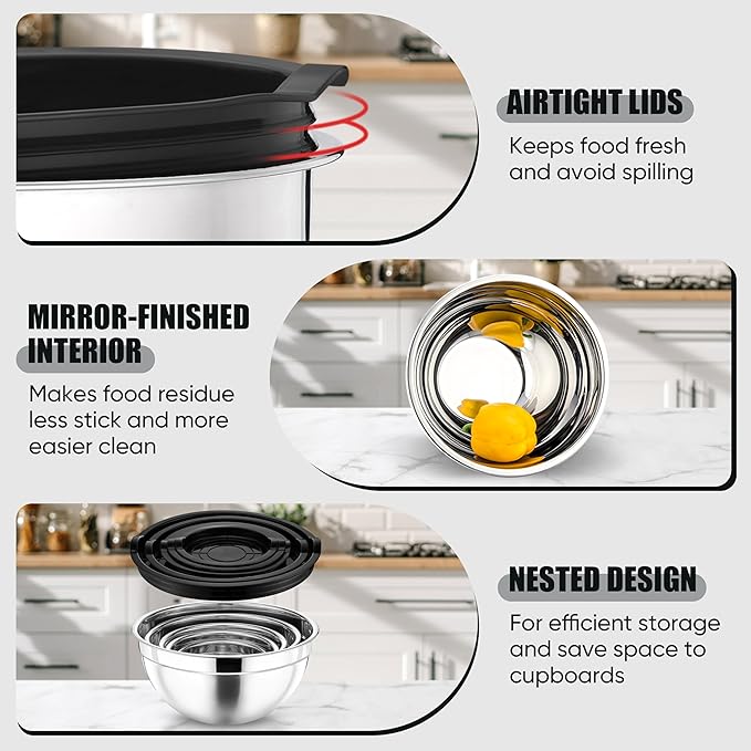 P&P CHEF Mixing Bowls with Airtight Lids Set of 5, 10-Piece Stainless Steel Mixing Nesting Bowl, Metal Bowl with Lid for Kitchen Prepping & Storing, Size 4.6, 3, 1.5, 1, 0.7 QT, Black