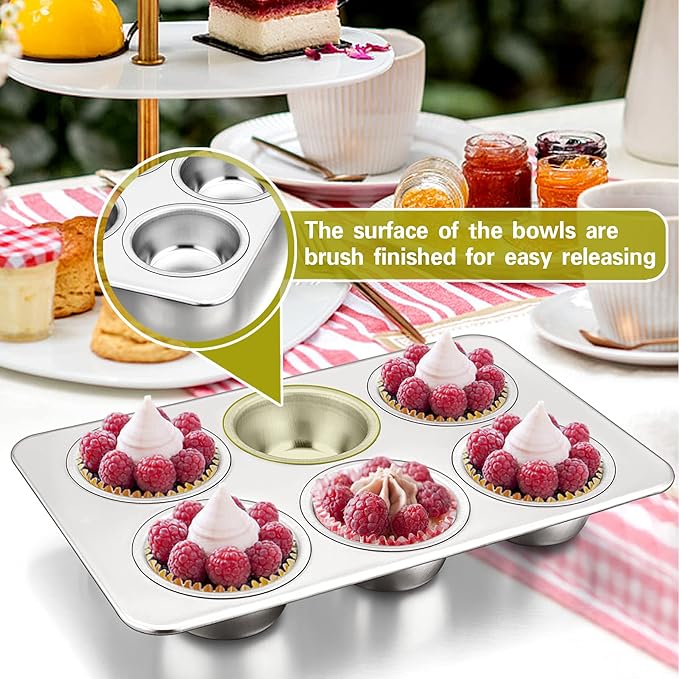 P&P CHEF Muffin Pan Cupcake Baking Pan Set, Stainless Steel Muffin Tin Tray for Mini Cake Tart Quiche, Oven & Dishwasher Safe, Non-toxic & Heavy-duty, (6 Cup, 1Pc)