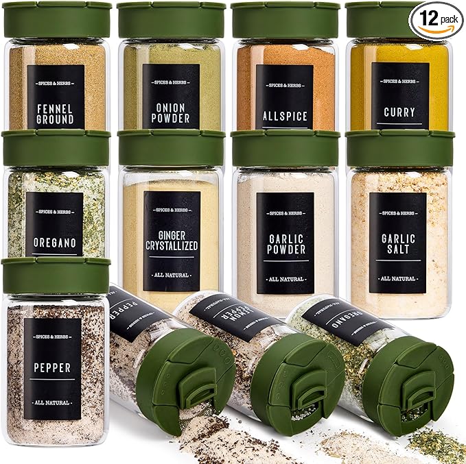 12 pcs Glass Spice Jars With Labels,6oz Glass seasoning Containers with Silicone Lids,Small Spice Storage Bottles for Kitchen Organizer,Seasoning Jars for Spice Rack,Cabinet,or Drawer