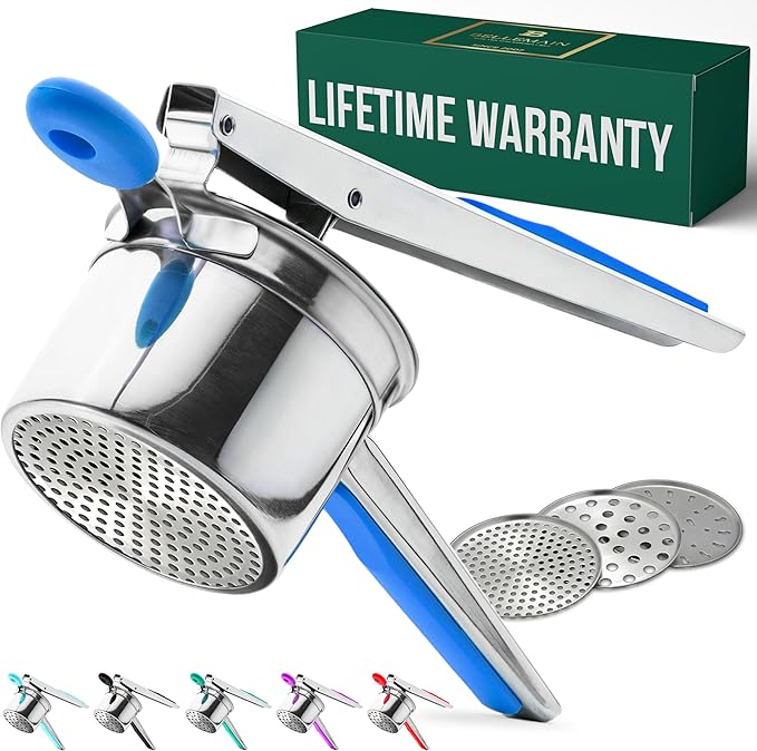Bellemain 15 oz Large Potato Ricer | Heavy-Duty Stainless Steel Ricer & Masher | Perfect for Mashed Potatoes | Kitchen Tool with 3 Interchangeable Discs (Blue)