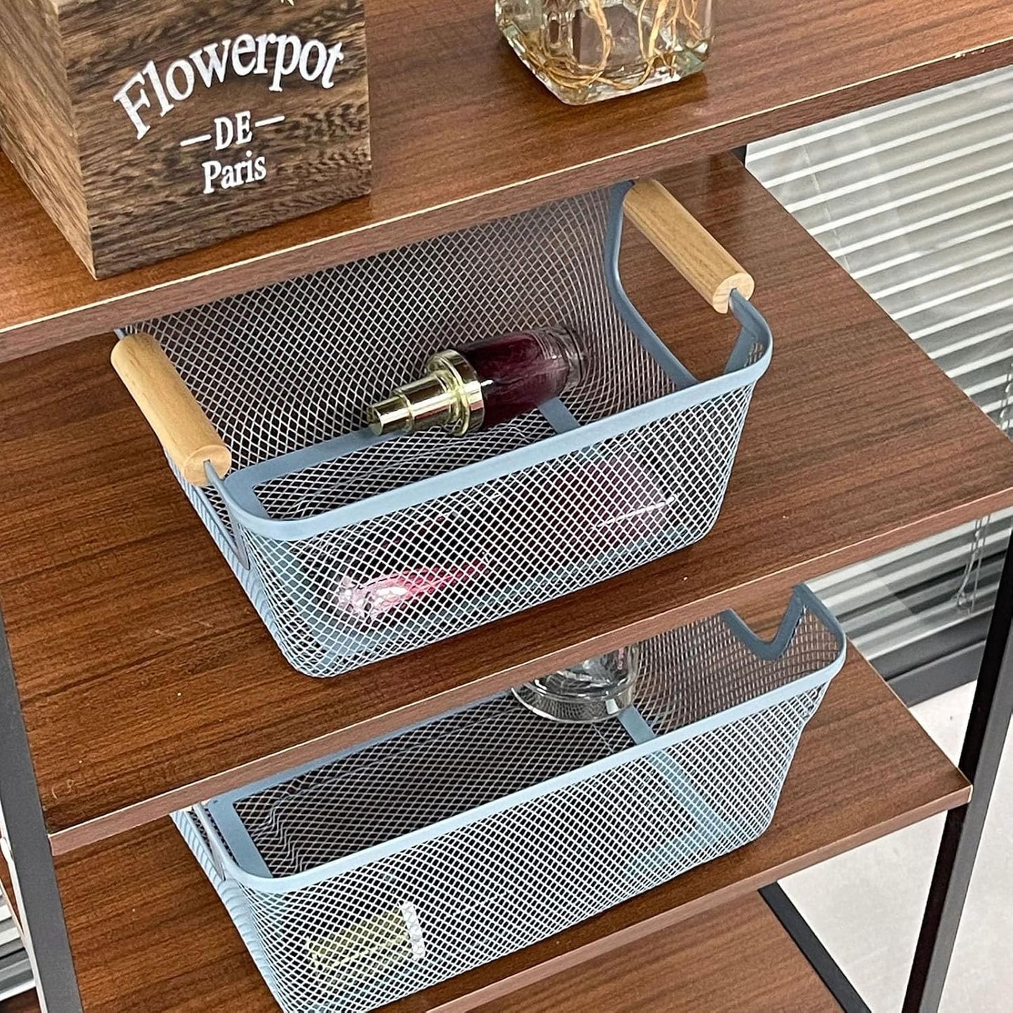 Metal Mesh Steel Basket, Medium Wire Storage Organizer Basket Multi-function Hanging Kitchen Basket with Wood Handle for Kitchen Bathroom Picnic Home, Rectangle-Blue
