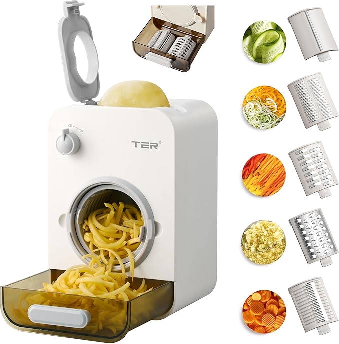 TER Electric Cheese Grater with 5 Blades – 5-in-1 Gourmet Vegetable Shredder for Carrot, Potato & More, 110mm Large Caliber, Built-in Blade Storage Box, Fast & Efficient Grating