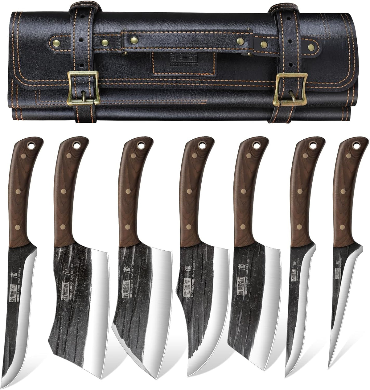HOSHANHO Butcher Knife Set, Hand Forged Butcher Chef Knife Set with Roll Bag, Sharp Meat Cleaver Knife & Bone Chopper Knives & Fillet Knives for Home & Camping & BBQ Gift for Men