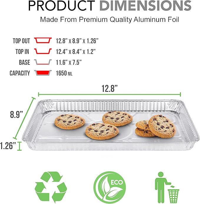 (200 Pack) 1/4 Size Cookie Sheet Baking Cake Pans l 12.8” x 8.9” Disposable Aluminum Foil Trays l Premium Heavy Duty Nonstick Baking Sheets Reusable