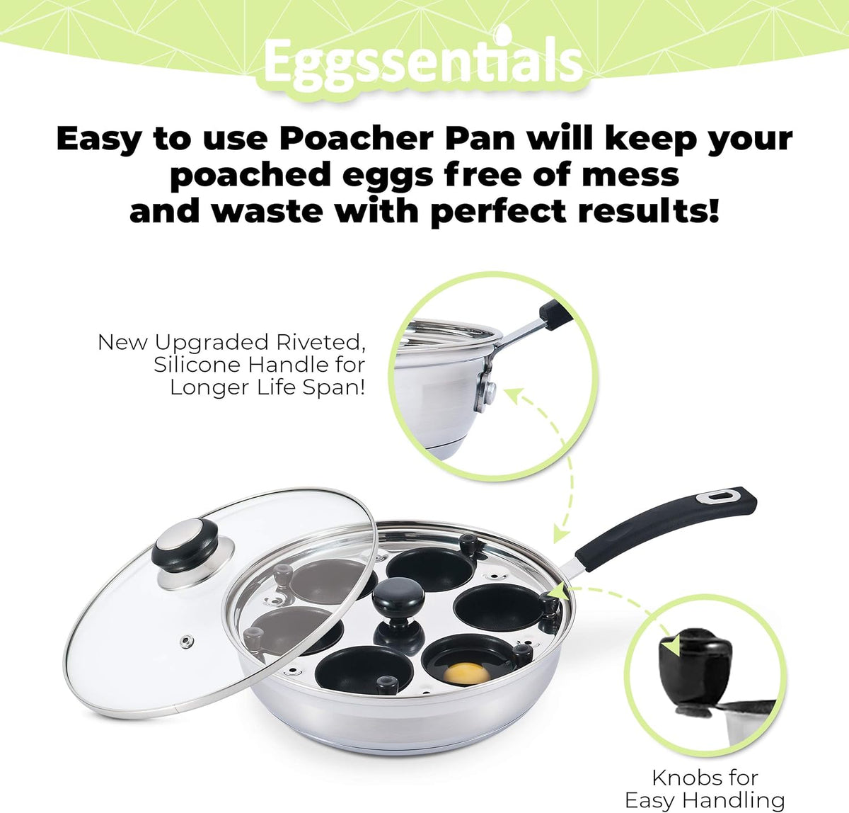 Eggssentials Poached Egg Maker Stainless Steel Egg Poacher Pan Food Grade Safe PFOA Free with Spatula