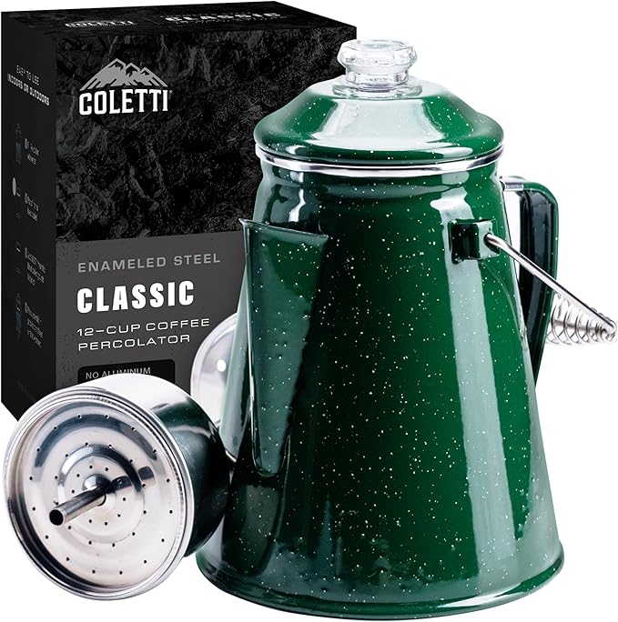 COLETTI Classic Percolator Coffee Pot — The Most Nostalgic Camping Coffee Pot, Now Modernized [Green Enamel, 12 Cup]