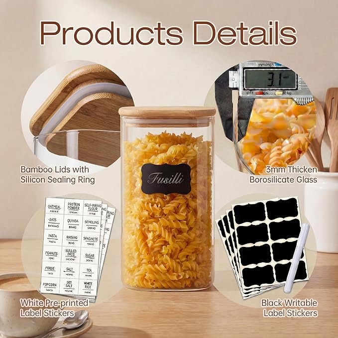21oz - 4 Pack Square Glass Jars with Bamboo Lids, Glass Food Storage Containers with Airtight Lids, Air Tight Pantry Storage Containers for Coffee, Sugar, Spice, Meal Prep Jars for Salad & Fruit