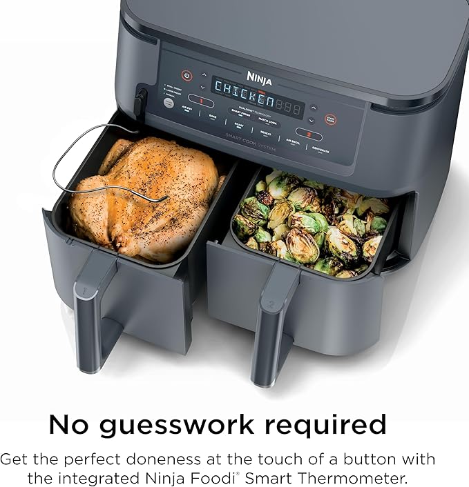 Ninja Air Fryer, Thermometer, Roast, Bake, Air Fry, Crisps, Broil, Reheats, Keep Warm, 10-in-1, Fries, Frozen Food, Veggies, and Meat, Quick Meals, Healthy Meals, Less Oil, 10 QT, GREY, DZ550GY