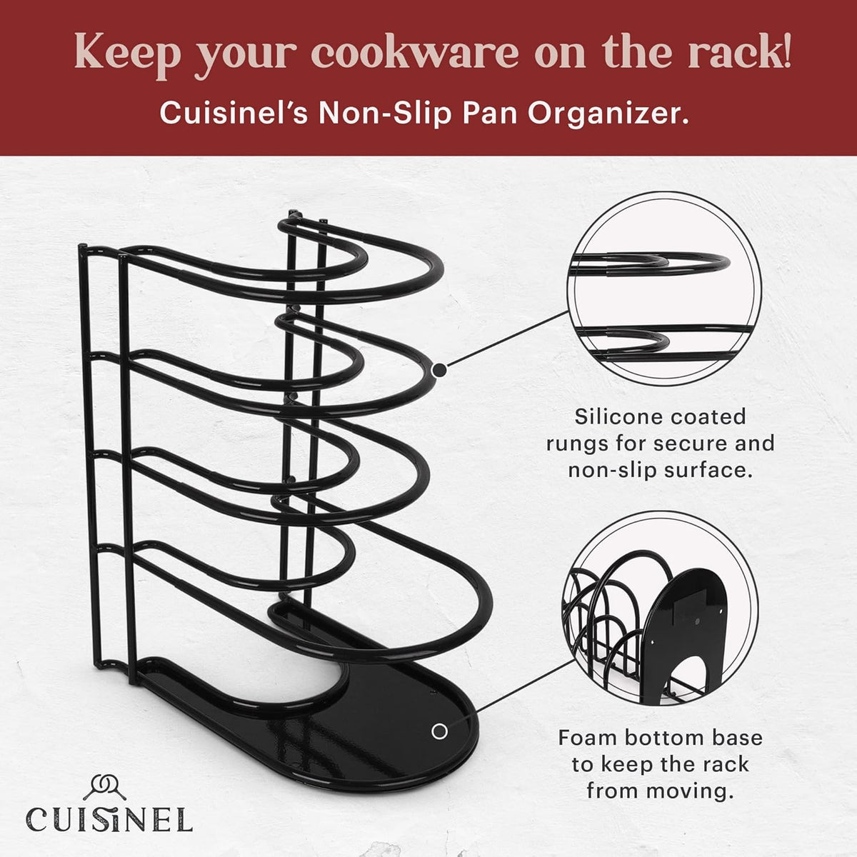 Pan Organizer - Silicone-Coated Non-Slip 12" Heavy Duty Skillet Rack - Kitchen Counter/Cabinet Organization Storage - Holder for Cookie Sheet, Cutting Board, Cast Iron Cookware, Dish, Pot, Lid Stand