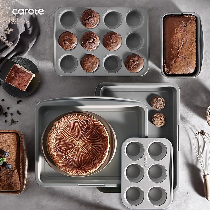 CAROTE 7-Piece Nonstick Stackable Baking Pans Set - Bakeware Sets Including Cookie Sheets for Baking, Muffin Pan, Bread Pan, Cake pan, Loaf Pan, Roasting Pan, Gray & Blue