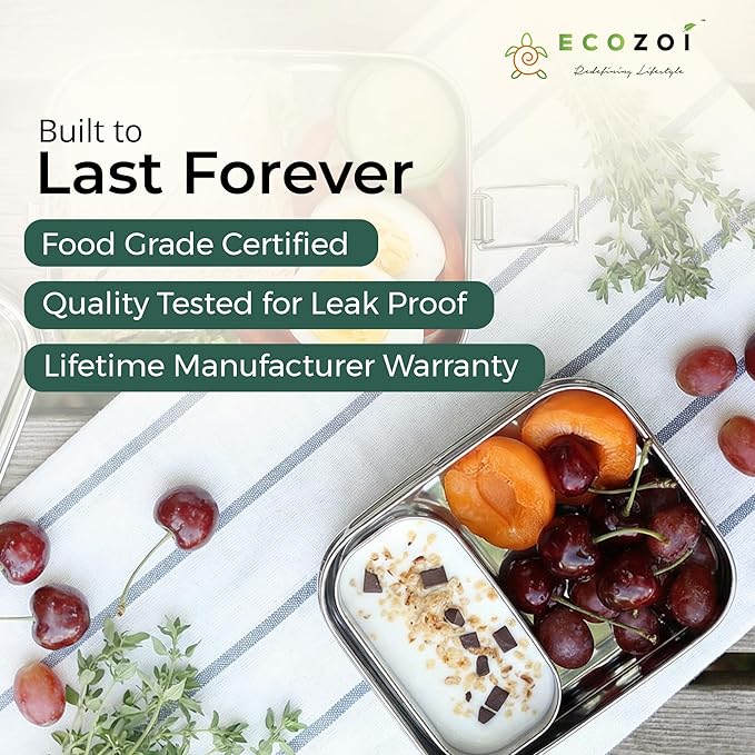 ecozoi Leak Proof Stainless Steel Lunch Box, 3-in-1 Eco Bento Box | Redesigned Silicone Seal + Bonus Lunch Pod | Sustainable Tiffin Eco Friendly Metal Bento Box Food Storage Containers