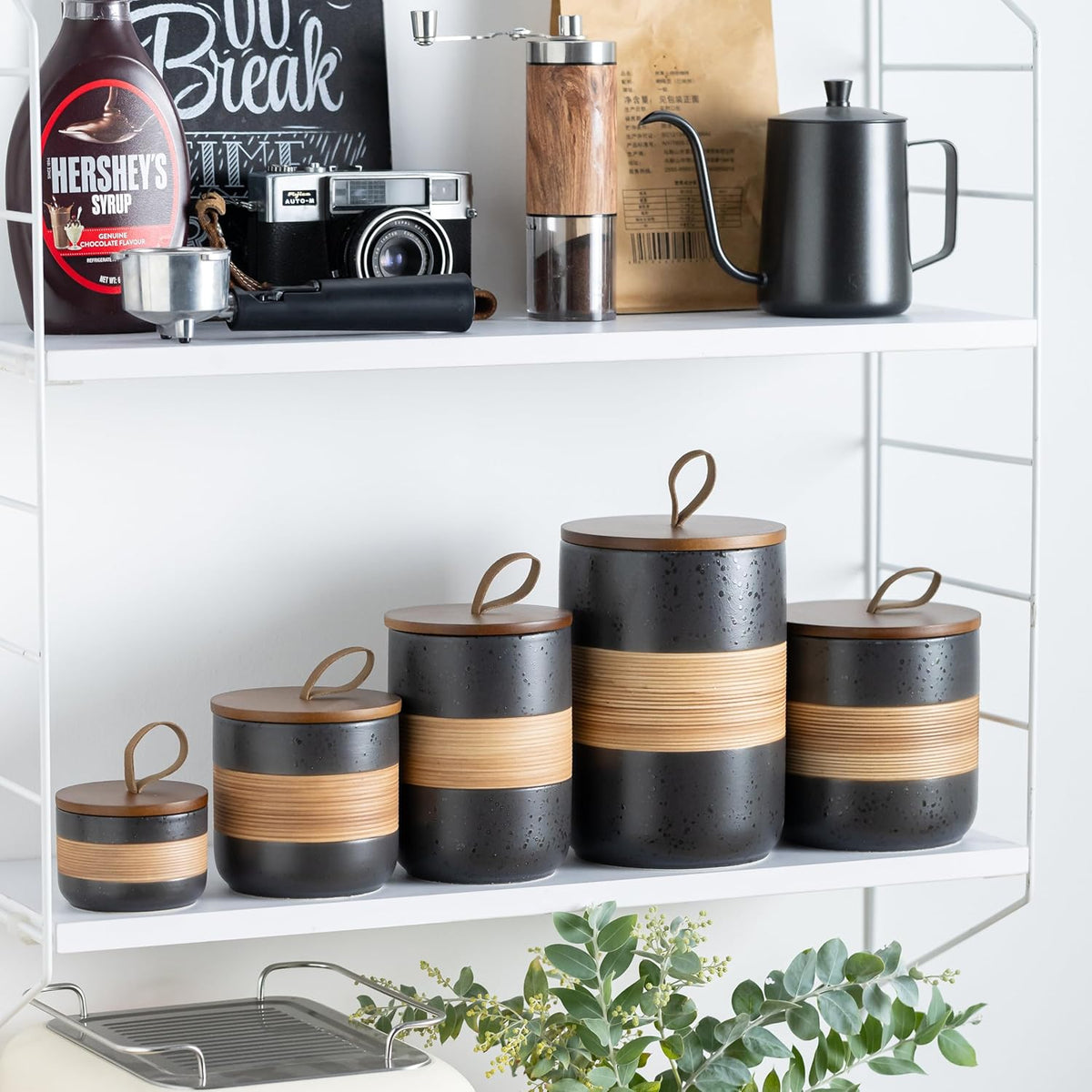 Coffee Container Jar with Lid, Ceramic Kitchen Food Storage Jars for Spice Sugar Cookie, Stackable Decorative Jars for Coffee Bar, Black & 28oz