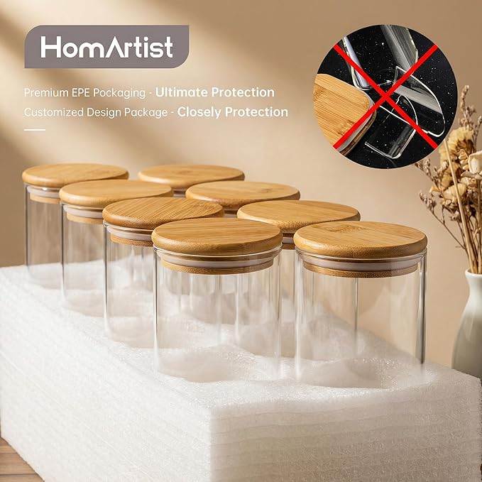 HomArtist Glass Jars with Bamboo Lids 17 FL OZ [Set of 12], Glass Canisters with Airtight Lids, Glass Food Storage Containers for Spice, Coffee, Sugar, Tea, Candies, Cookies,Best for Kitchen & Pantry