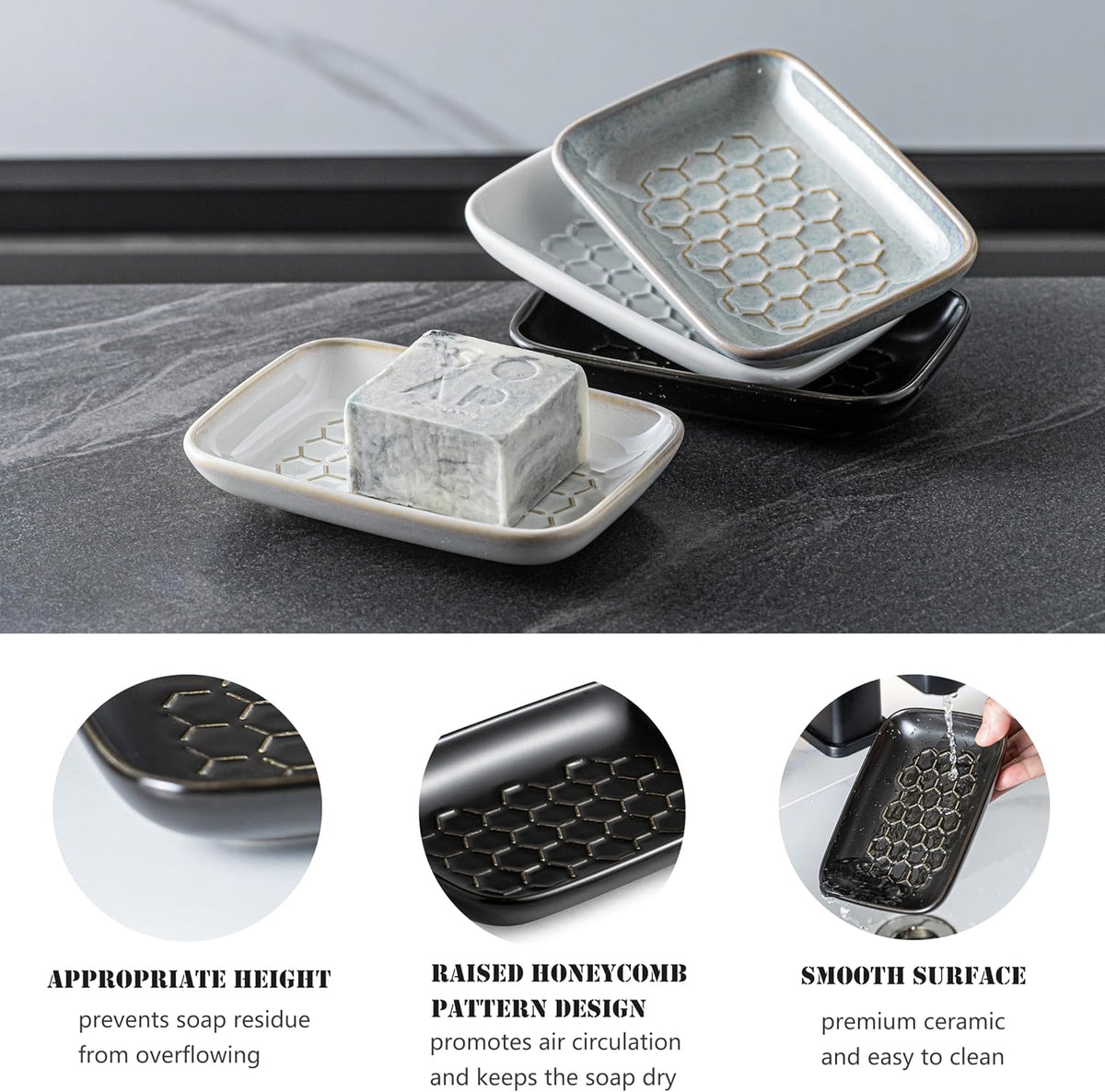 Gomakren Soap Dish for Shower, Bar Soap Holder, Ceramic Soap Dishes for Bar Soap, Halloween Sponge Holder Soap Saver Soap Tray for Bathroom Kitchen Sink, 5.5 Inch, Black