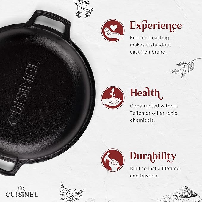 Cuisinel 7-Quart Cast Iron Dutch Oven + Pan Scraper + Silicone Handle Grips - 2-in-1 Pot+Pan Combo Skillet - Pre-Seasoned Indoor/Outdoor Cookware + Instruction & Care Booklet