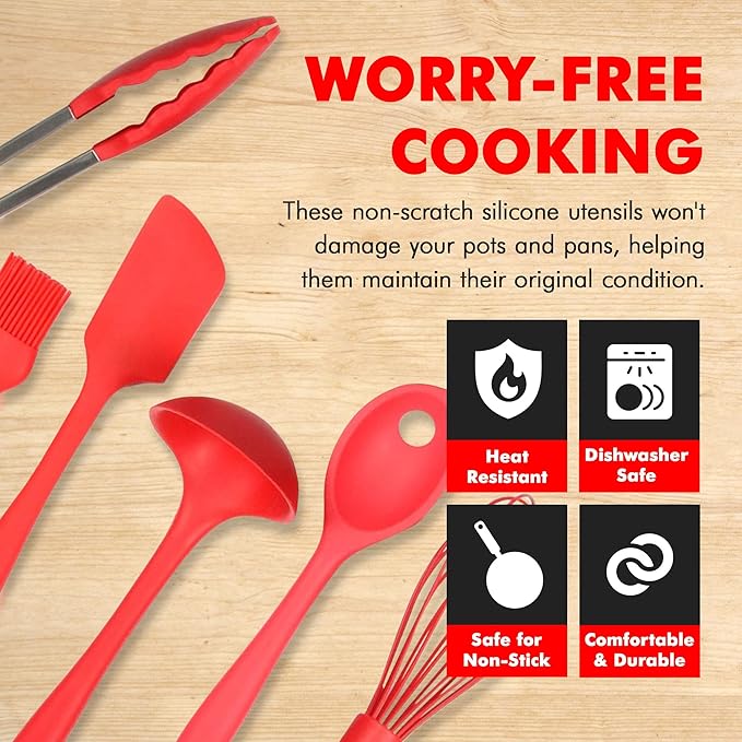 Chef Craft Premium Silicone Kitchen Tool and Utensil Set, 9 Piece, Red