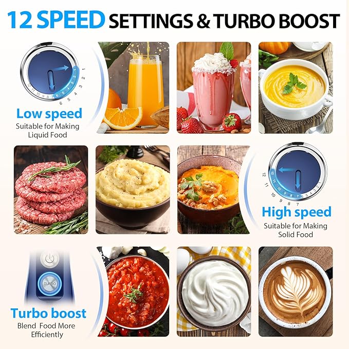 KOIOS Immersion Blender, 1000W Anti-scratch 3-in-1 Hand Blender, Upgraded 12 Speed Stainless Steel Blade Stick Blender with Turbo Mode, Whisk and Milk Frother, Non-BPA, Blue