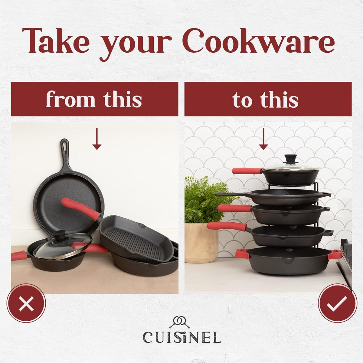 Pan Organizer - Silicone-Coated Non-Slip 12" Heavy Duty Skillet Rack - Kitchen Counter/Cabinet Organization Storage - Holder for Cookie Sheet, Cutting Board, Cast Iron Cookware, Dish, Pot, Lid Stand