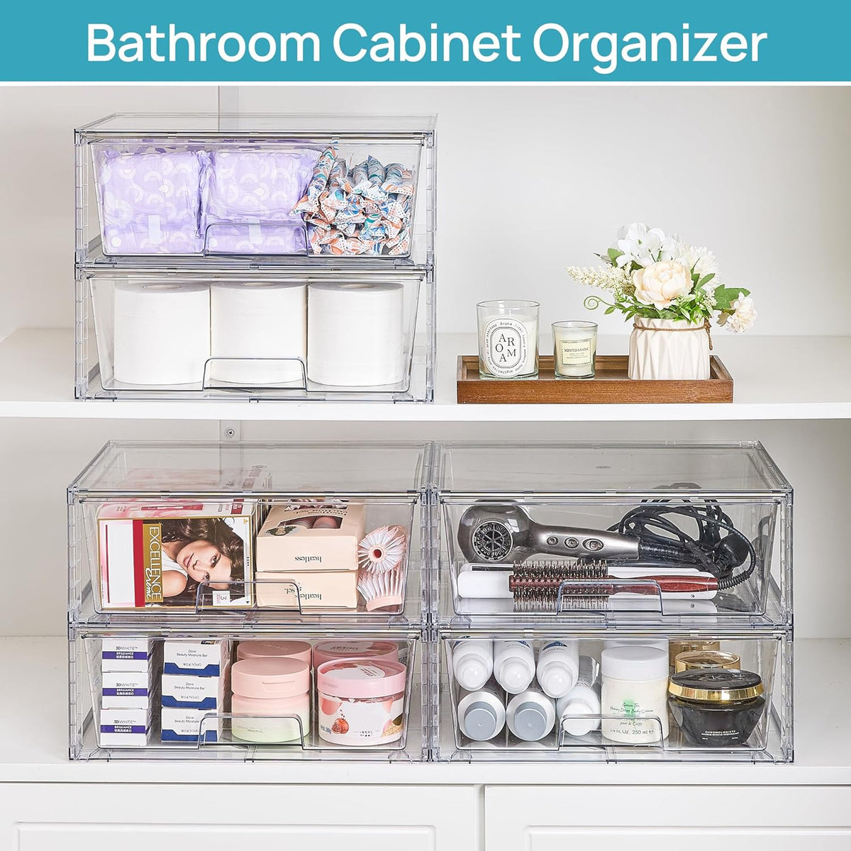 Vtopmart 2 Pack Large Stackable Storage Drawers,Easily Assemble Clear Acrylic Bathroom Closet Undersink Organizers,Plastic Storage Bins for Cabinet,Kitchen Pantry,Medicine Organization