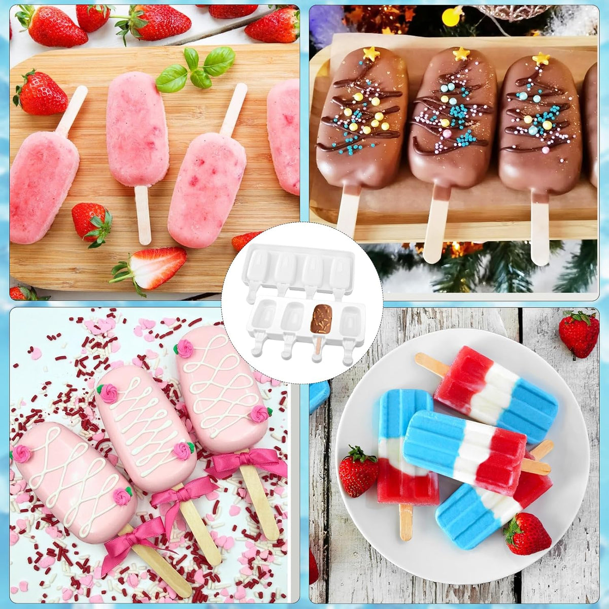 8 Set Silicone Popsicle Molds 4 Cavities Ice Cream Oval Cake Molds with 400 Sticks, Reusable Ice Pop & Cakesicle Mould forKids, DIY Frozen Treats, Summer Snacks, Parties Favors, Easy Release