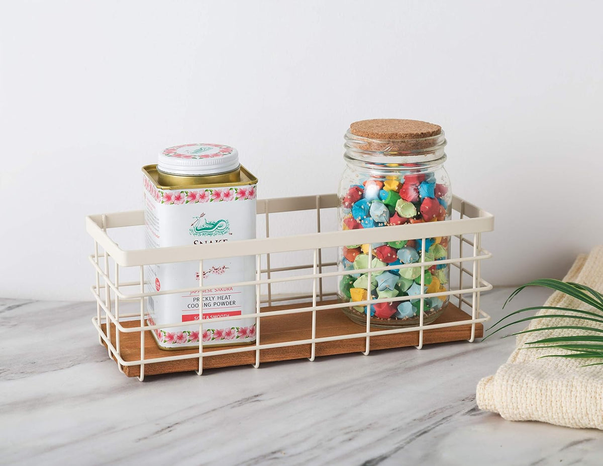 TIEYIPIN Small Metal Wire Storage Basket, Detachable Wood Base Storage Organizer Bin Basket for Kitchen Cabinets, Bathroom, Pantry, Garage, Laundry Room (Cream White, 2 Pack)