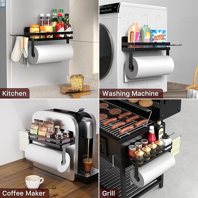 ZUNTO 2pcs Magnetic Paper Towel Holder for Fridge, Black Kitchen Organizer with Towel Roll Holder, Spice Shelf and 2 Hanging Racks(No Drilling)
